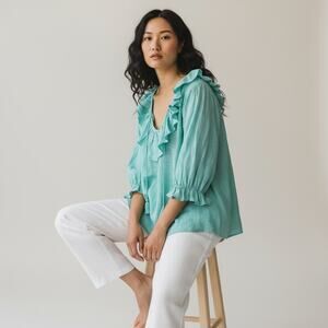 Mille Resort & Travel May Top Green Stripe Linen Ruffle NEW Size Medium